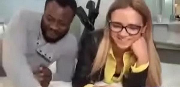  Blonde with disgusting big nose fucks with 2 black dicks